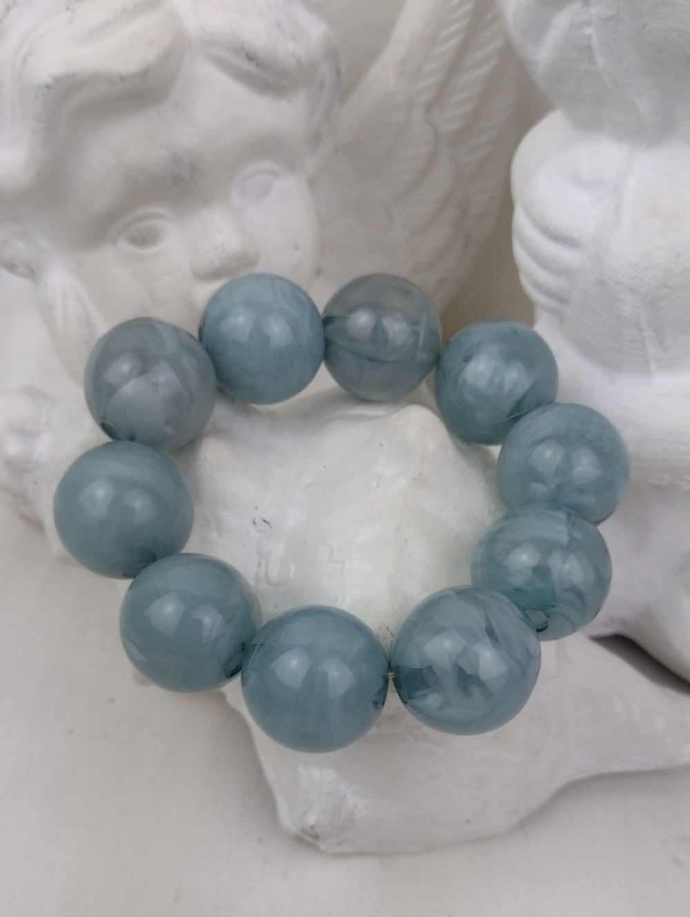 Chunky Marbled Powder Blue Bead Stretch Bracelet -